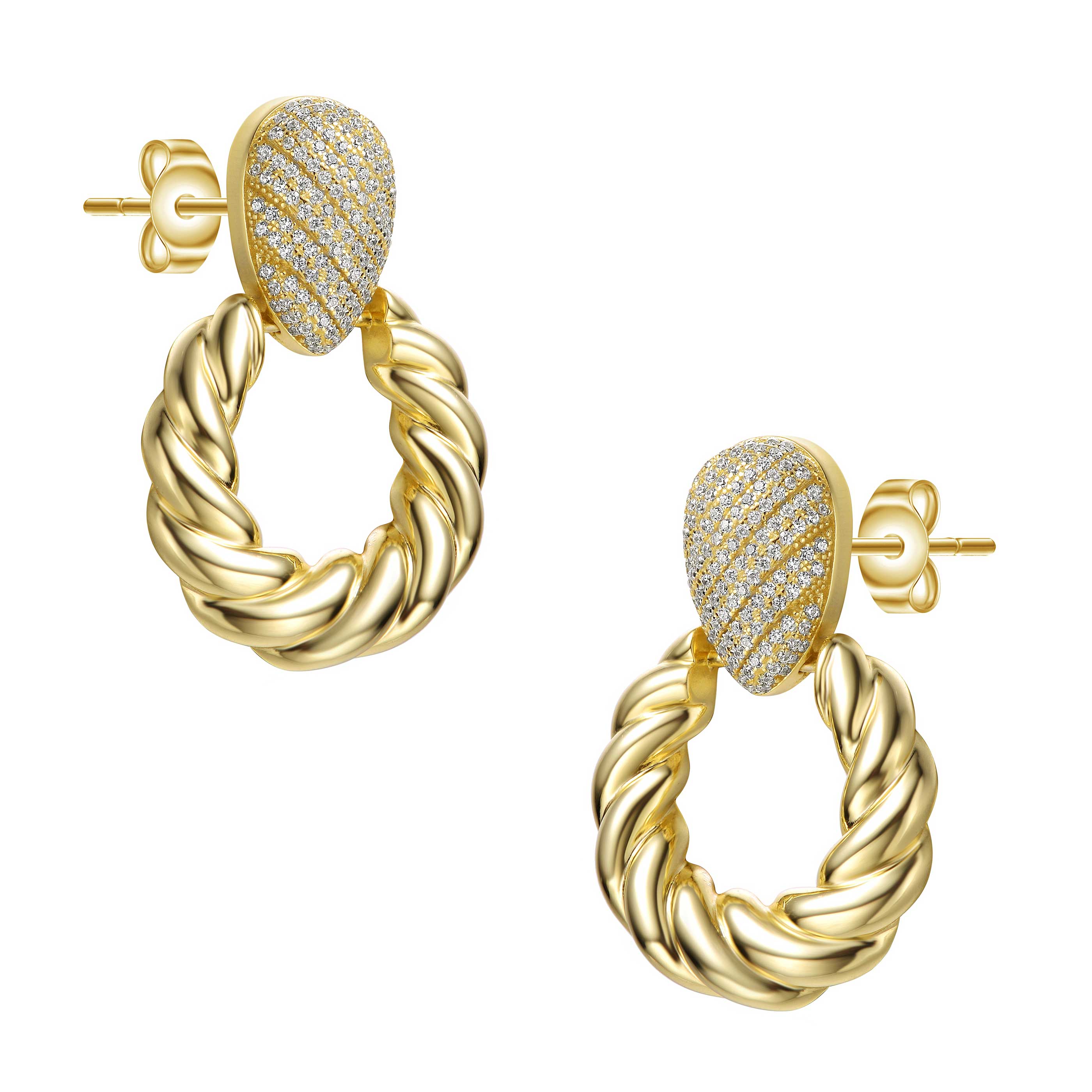 14k Yellow Gold Plated with Cubic Zirconia Pave Twisted Rope Drop Hoop Door Knocker Earrings