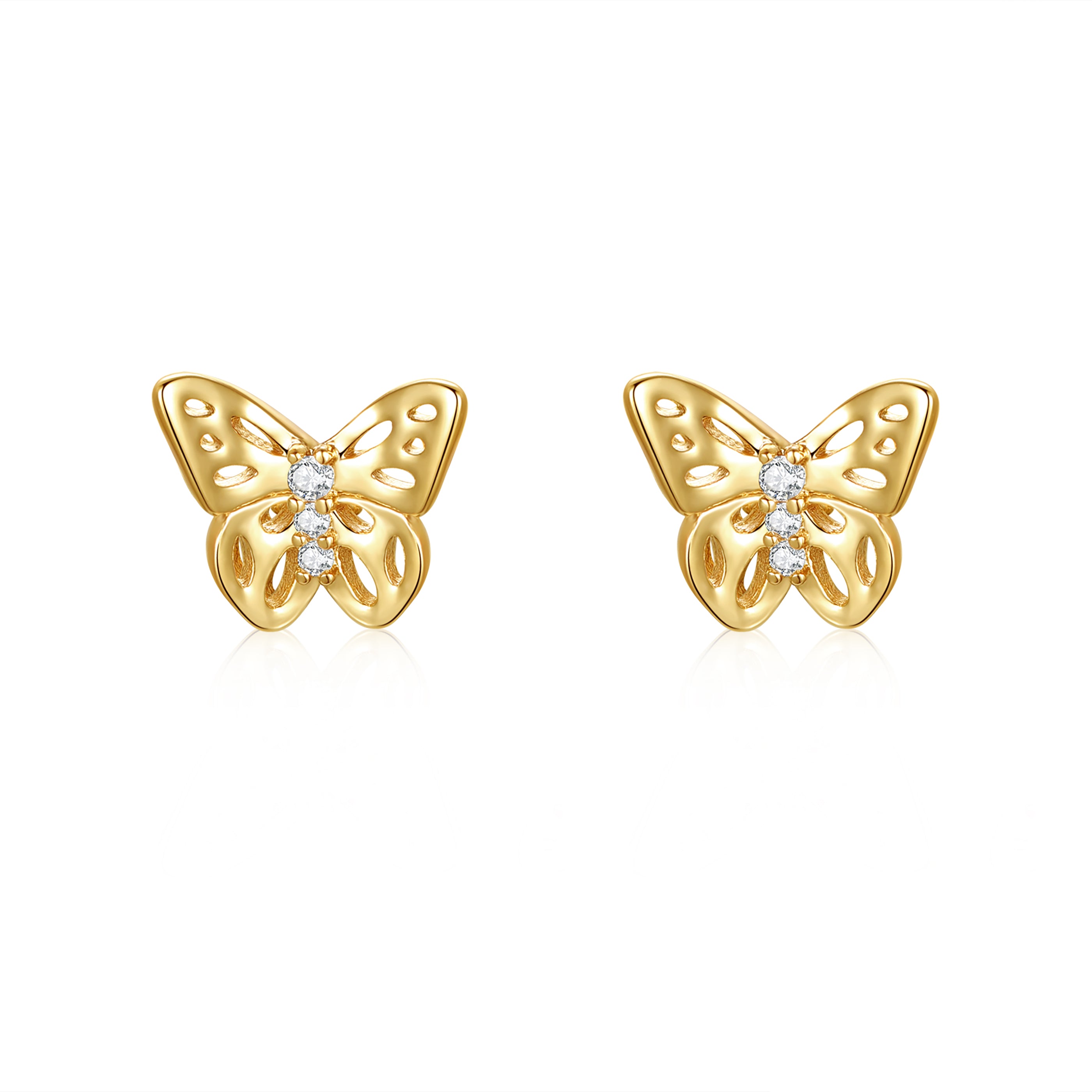 14k Yellow Gold Plated With Ruby Cubic Zirconia 3-stone Filigree Butterfly Stud Earrings