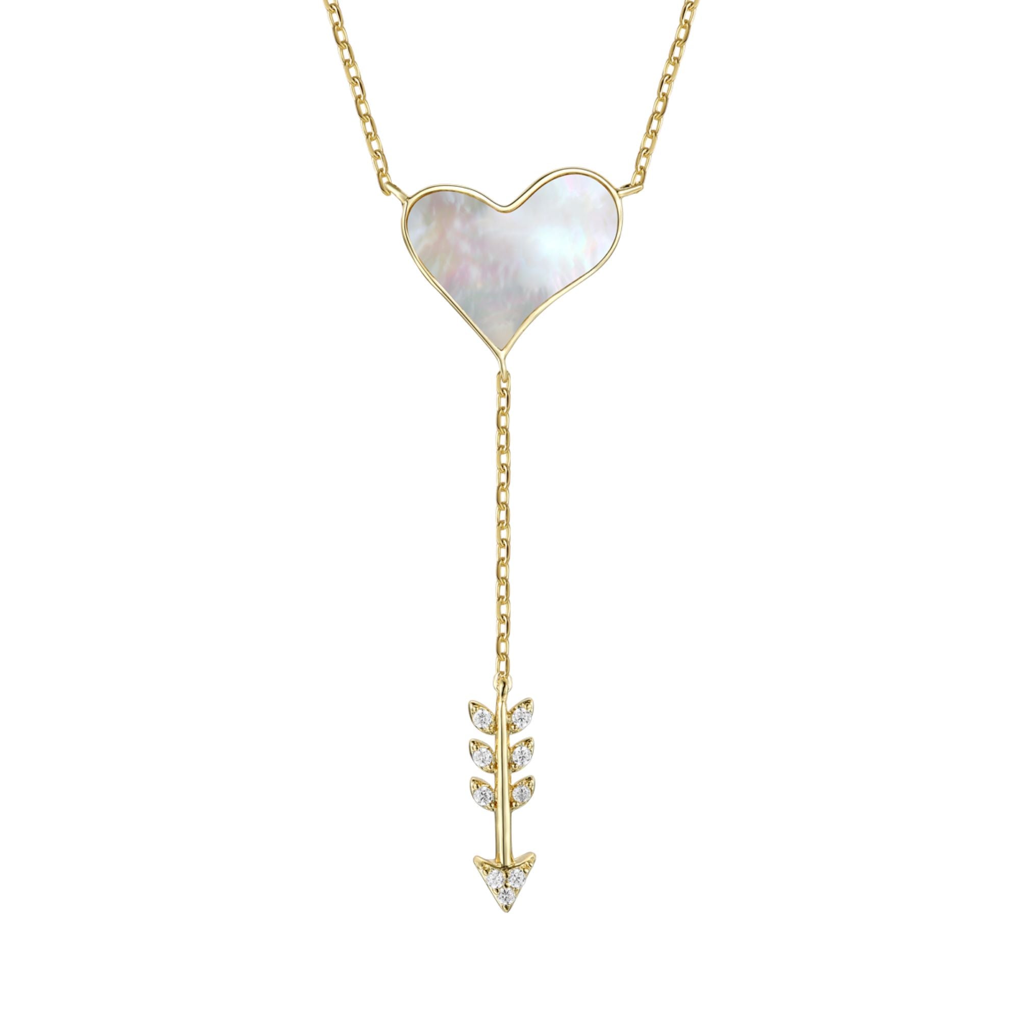 14k Gold Plated Sterling Silver With Diamond Cubic Zirconia & Mother Of Pearl Cupid’s Arrow Heart Y-necklace