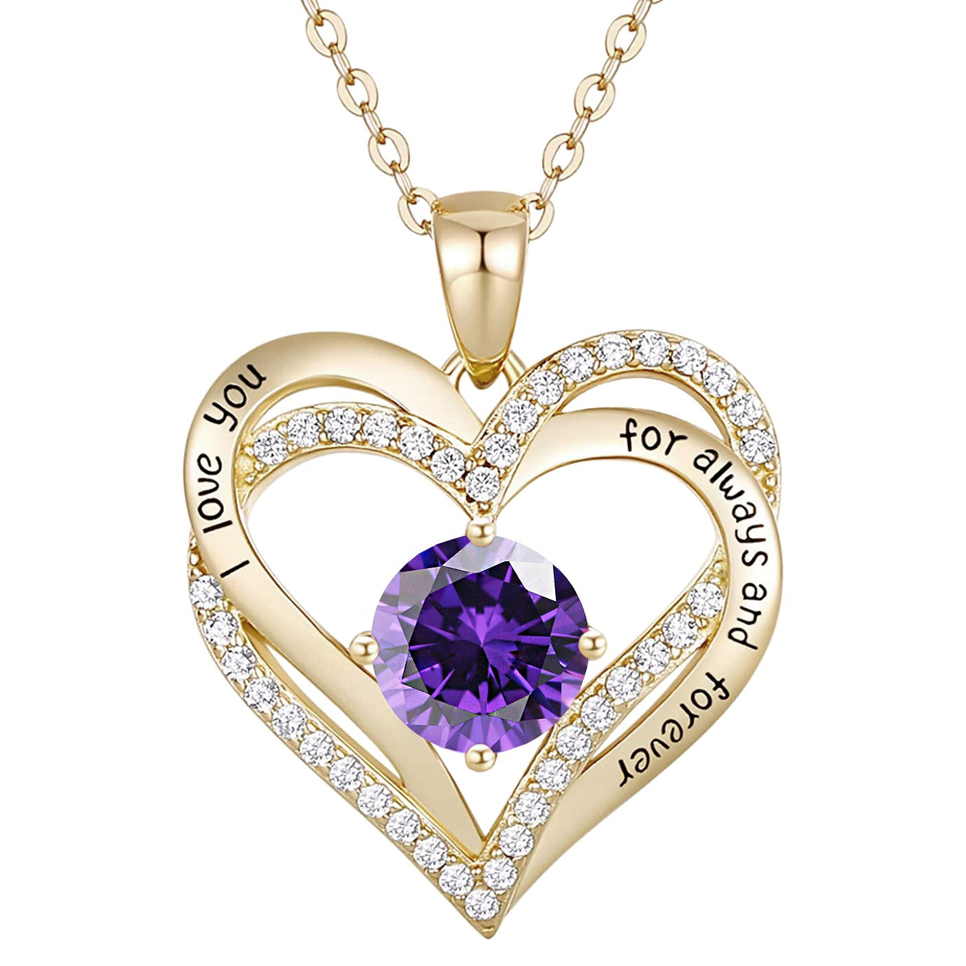 14k Gold Plated Heart ''i Love You'' Pendant With Amathyst Stone