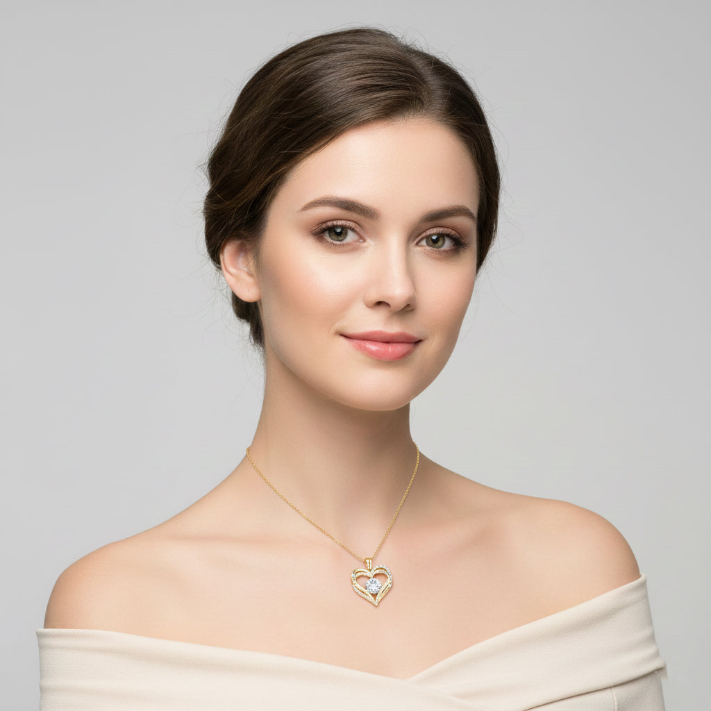 14k Gold Plated Heart ''i Love You'' Pendant With Cubic Zirconia