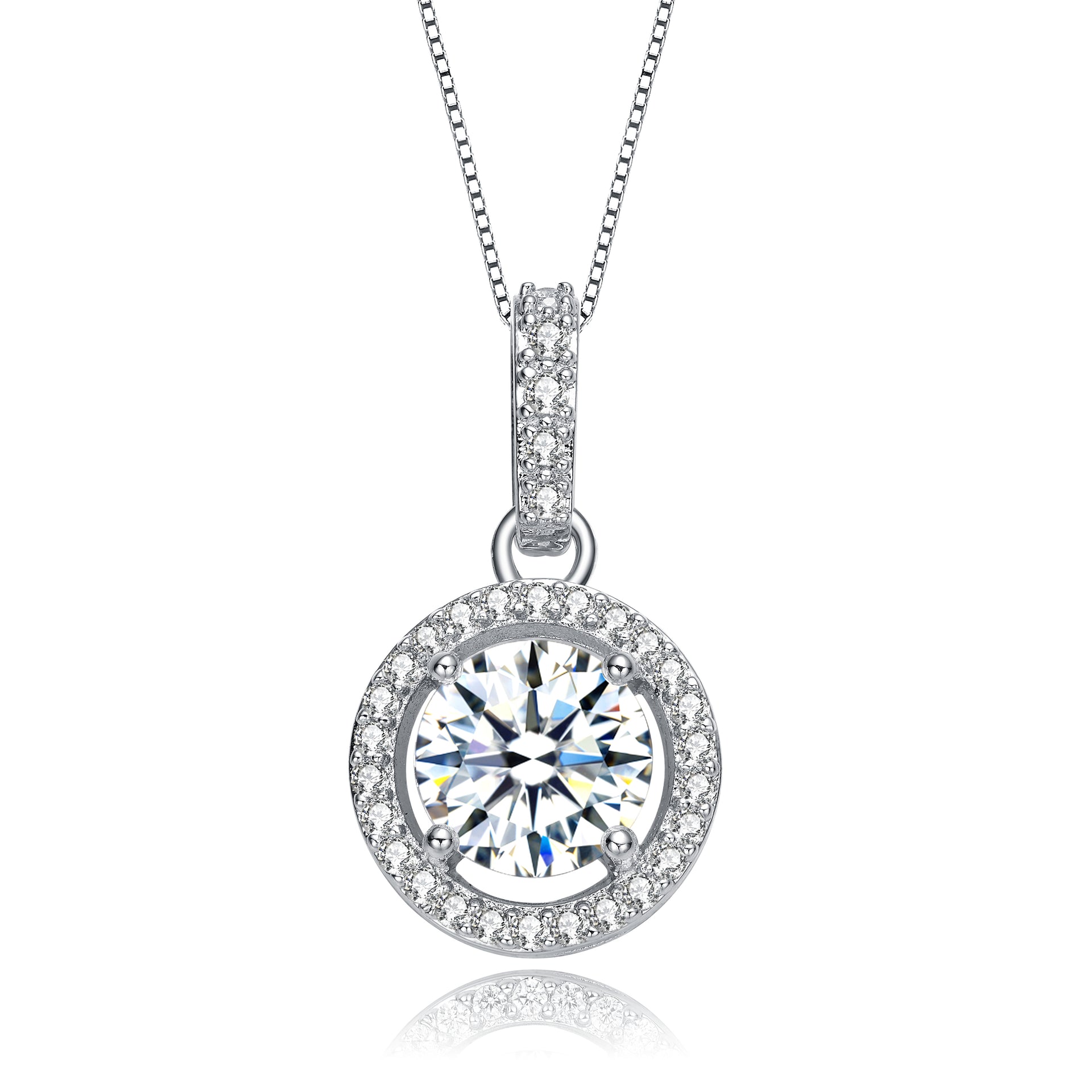 White Gold Plated with Cubic Zirconia Solitaire Halo Drop Pendant