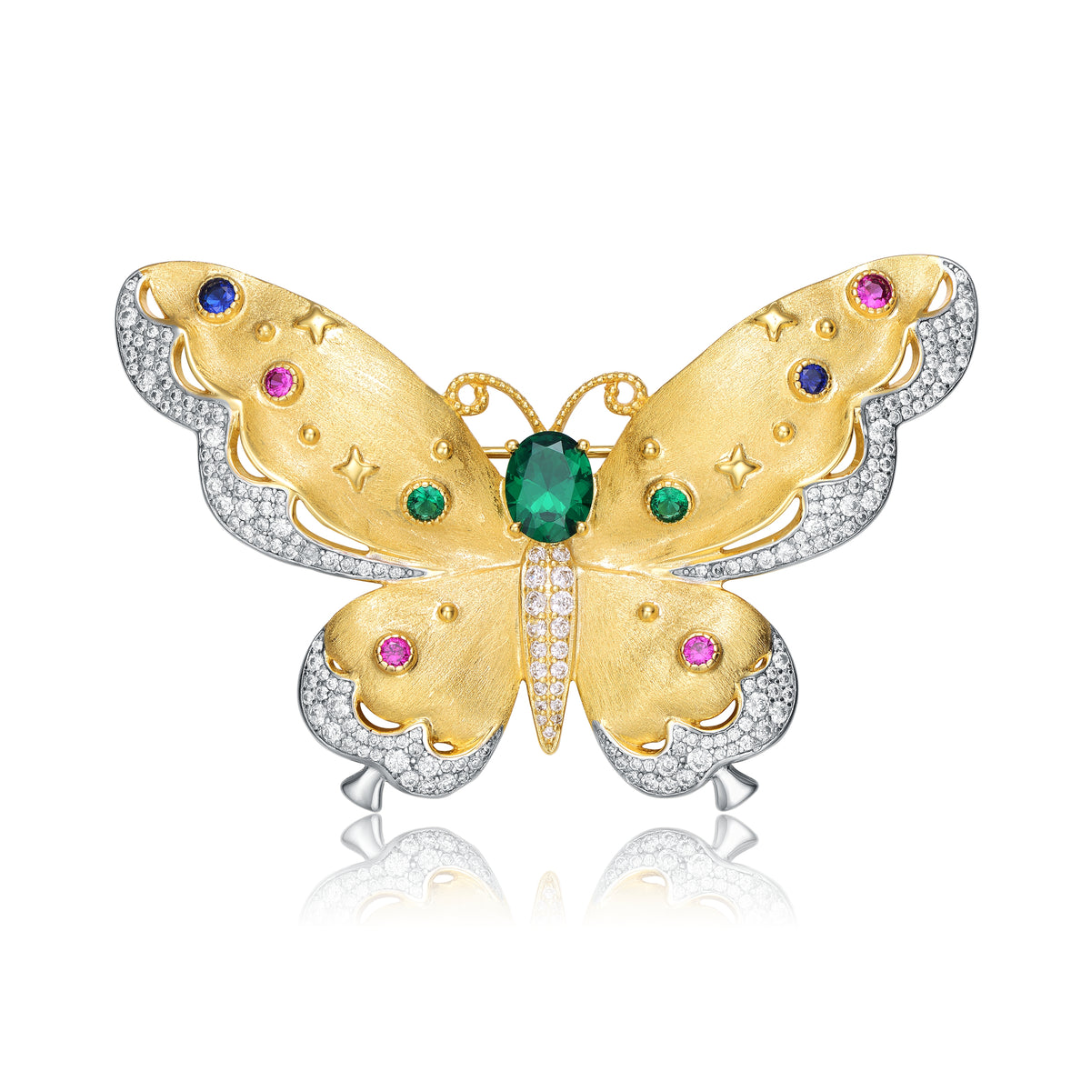 Rhodium and 14K Gold Plated Emerald Genuine Stone Floral Pin – Rachel ...