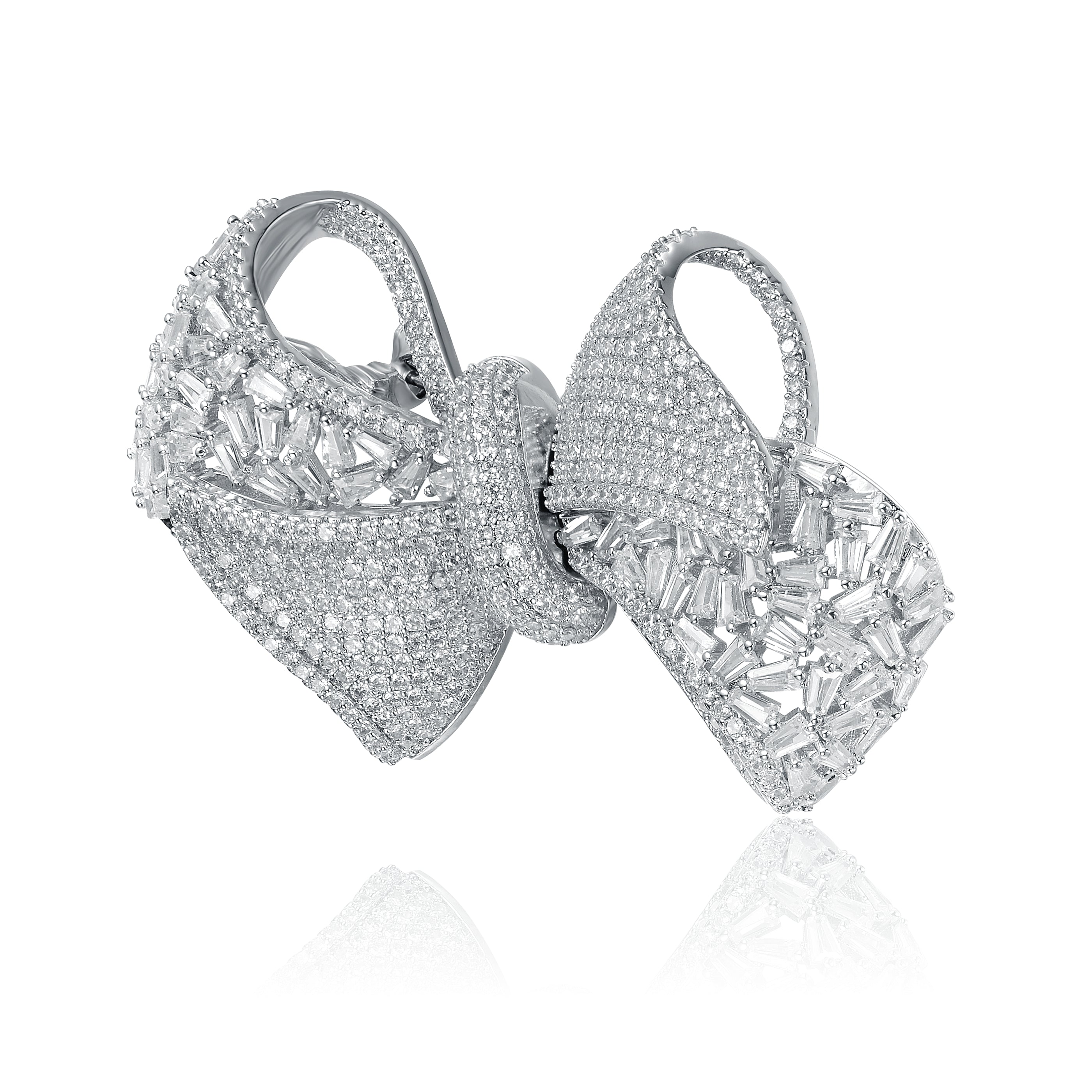 White Gold Plated Cubic Zirconia Ribbon Bow-Tie Brooch/Pin