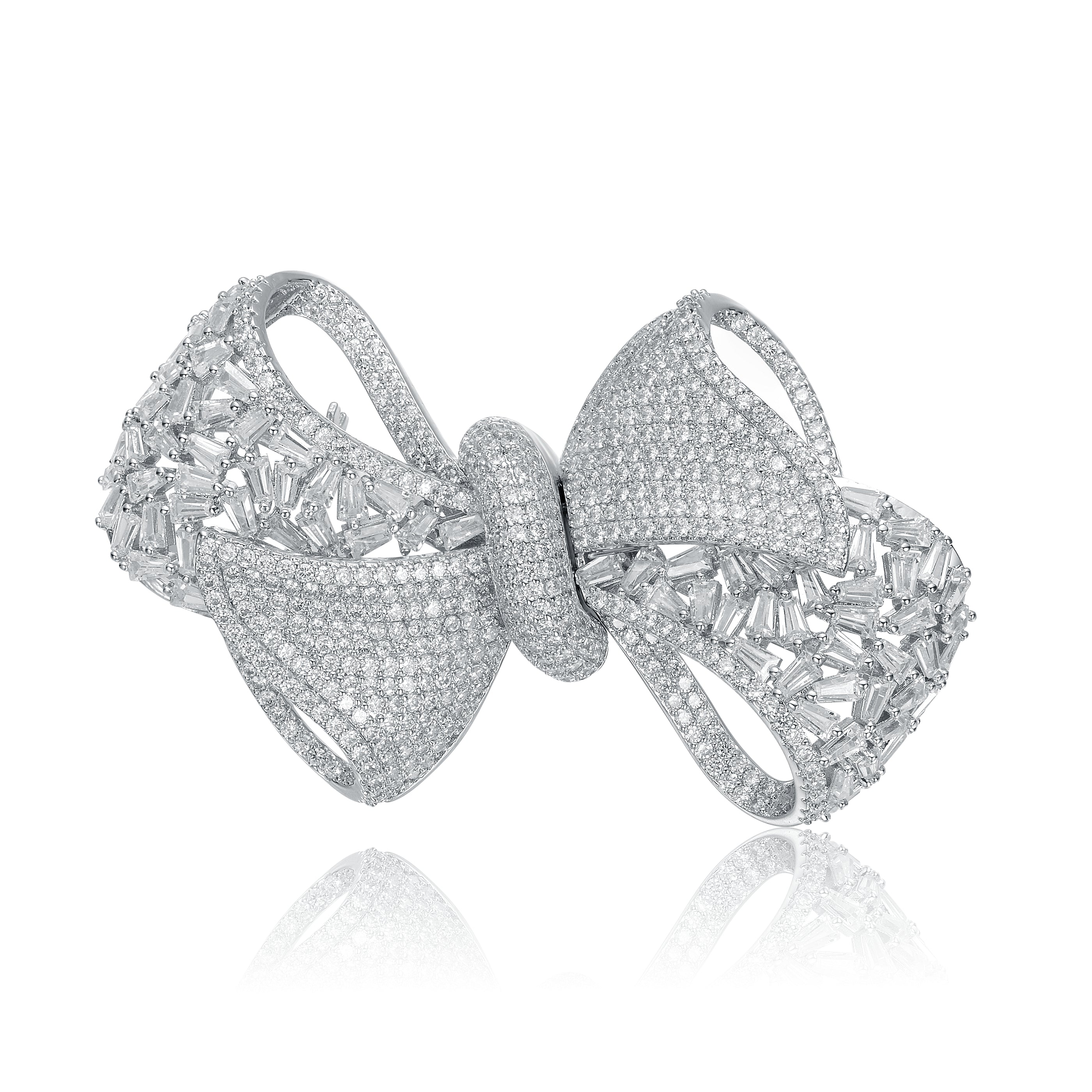 White Gold Plated Cubic Zirconia Ribbon Bow-Tie Brooch/Pin