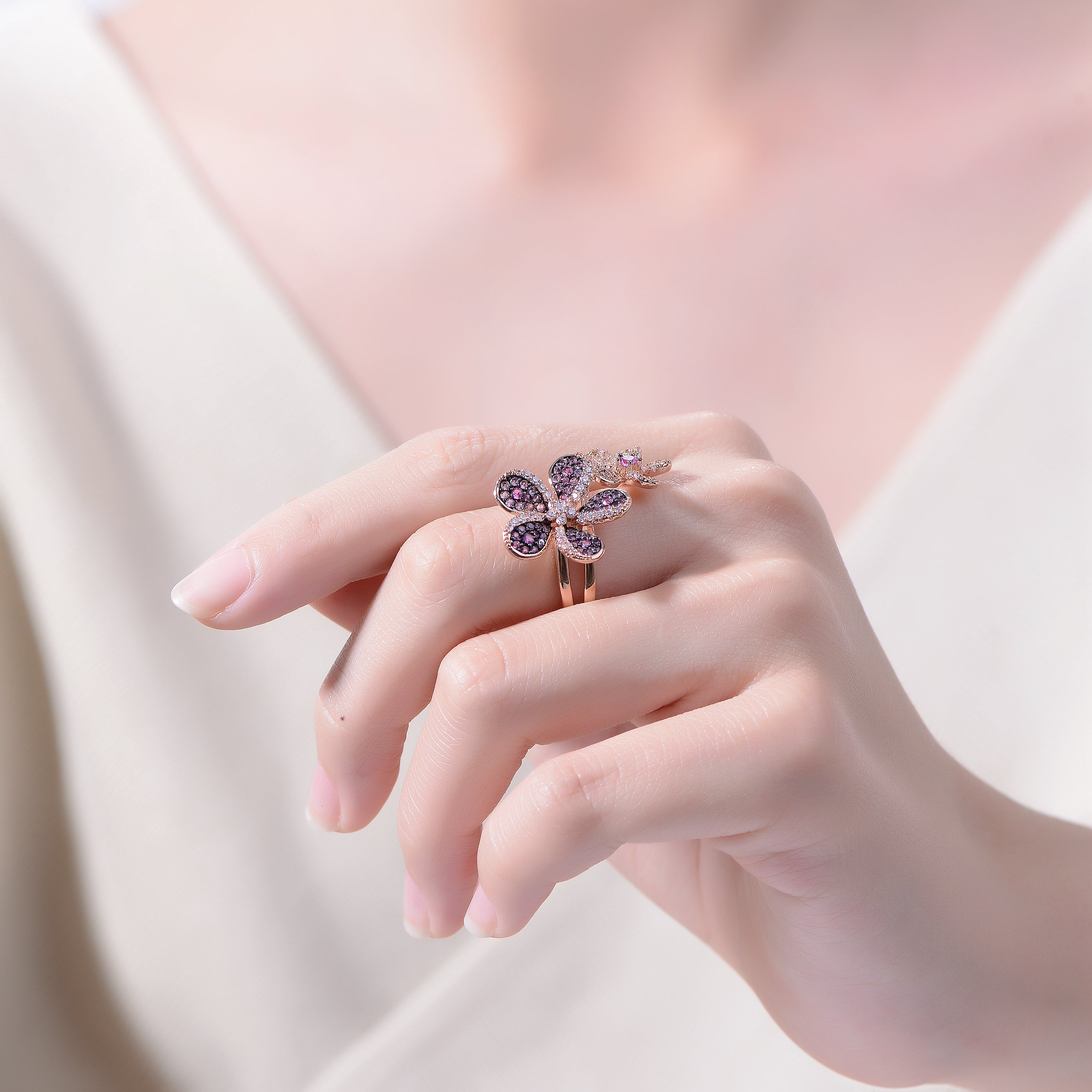 Rose Gold and Black Plated Multi Colored Cubic Zirconia Floral