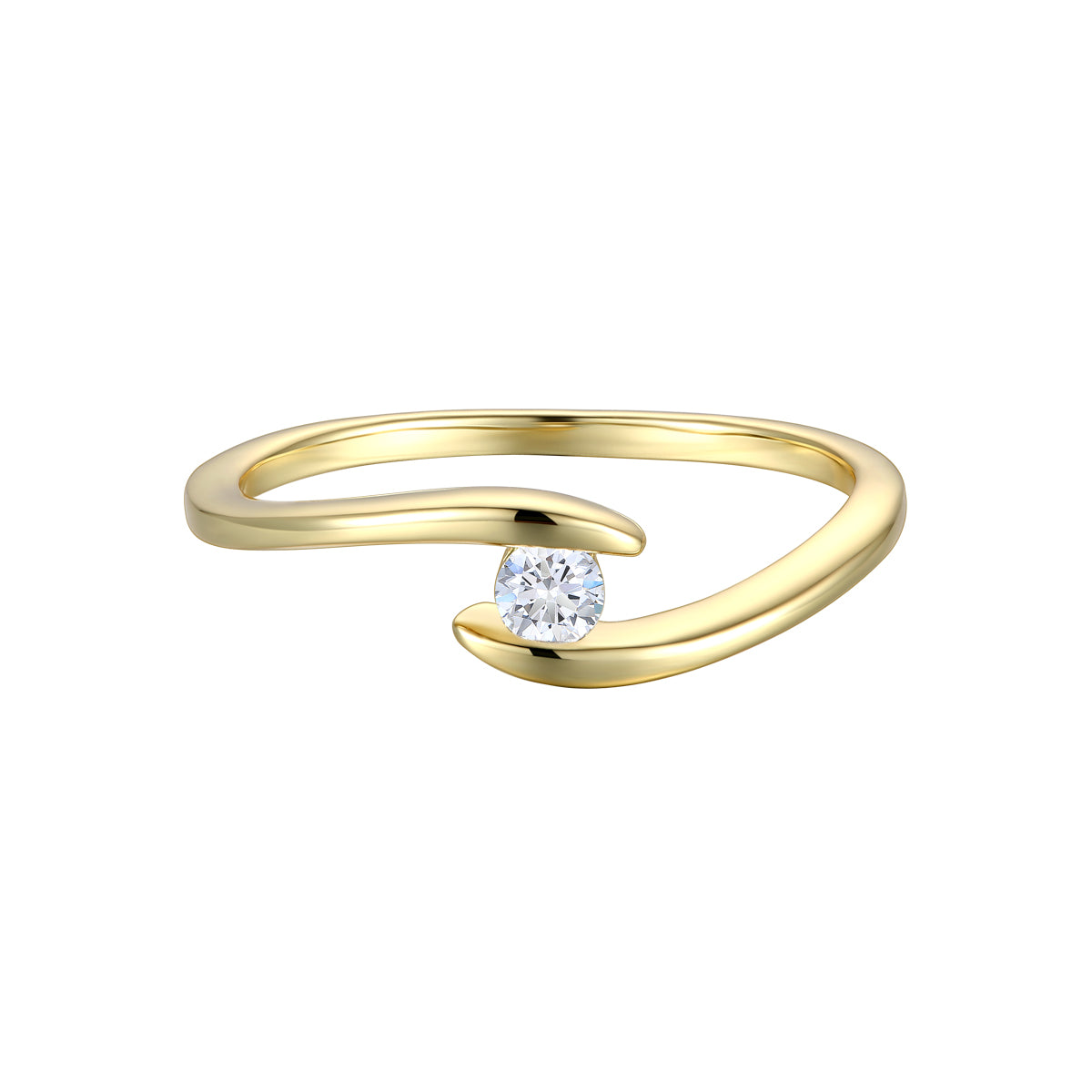 14k Gold Plated Cubic Zirconia Solitaire Ribbon Bypass Ring