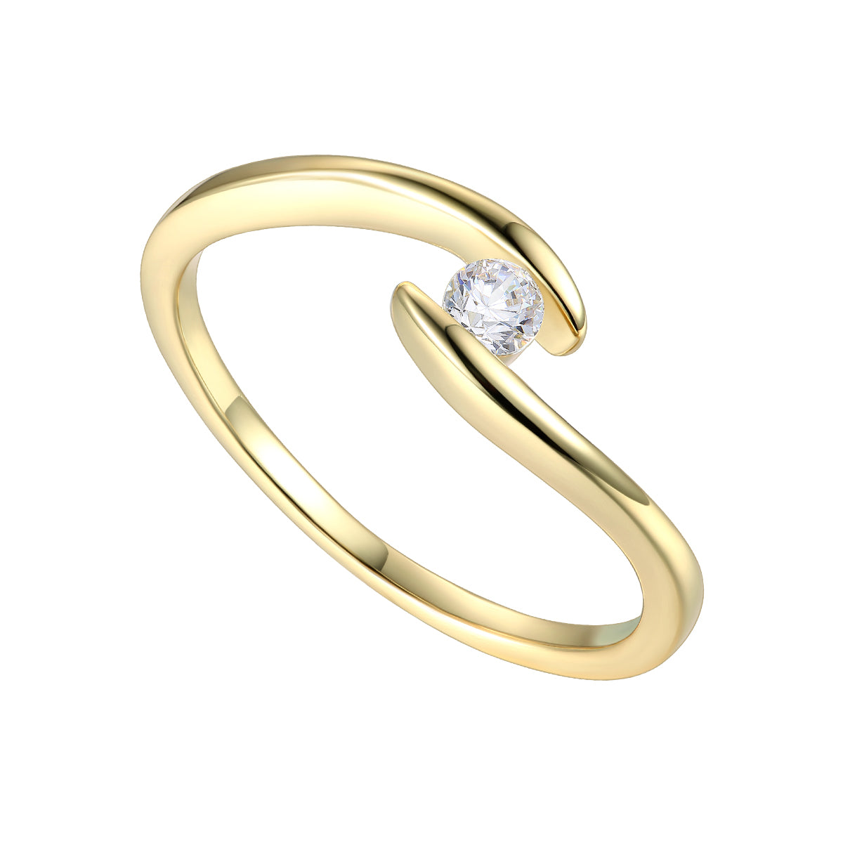 14k Gold Plated Cubic Zirconia Solitaire Ribbon Bypass Ring